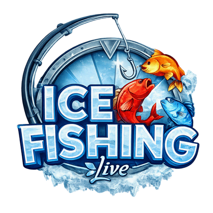 Slot Ice Fishing con pescador en lago helado y premios de peces